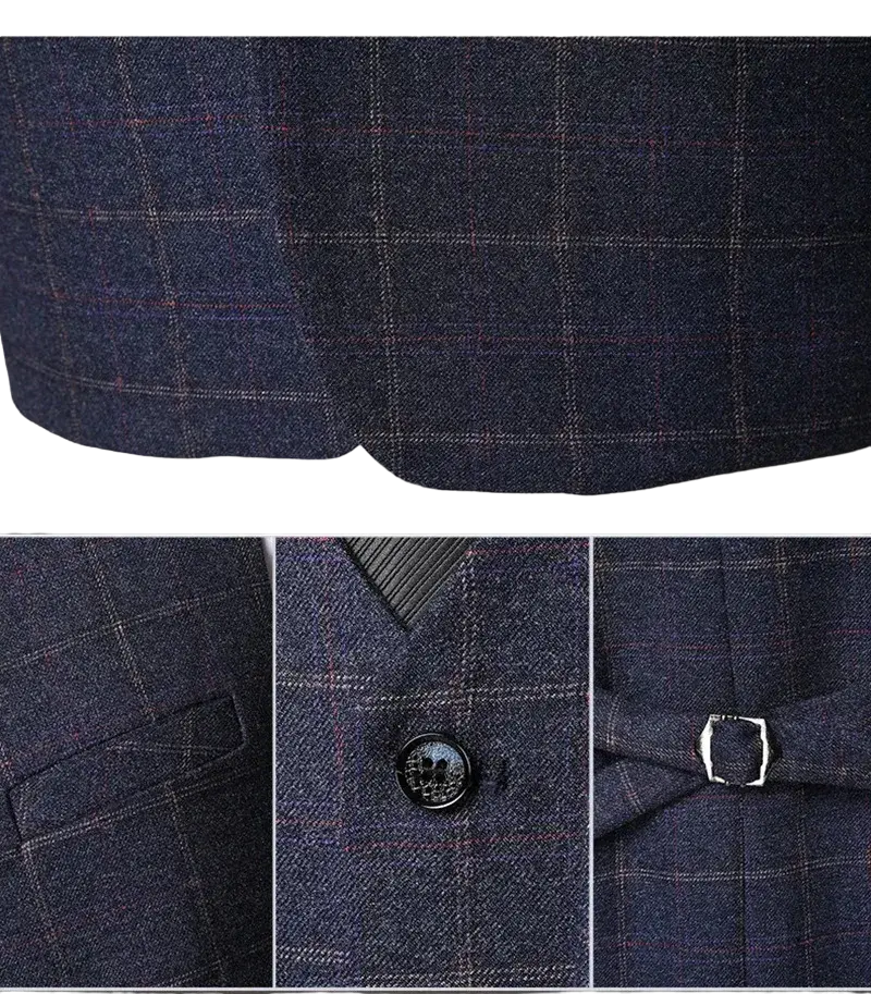 Gros plan sur les boutons et le tissu en tweed à carreaux du costume Arthur, tenue style Peaky Blinders.